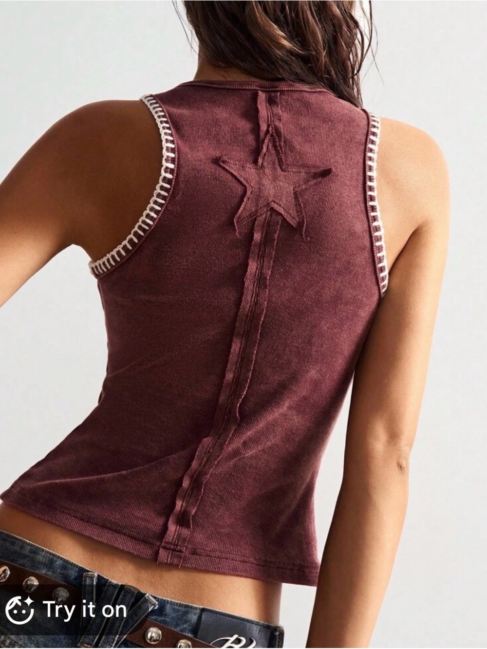 Womens Shein burgundy red embroidered tank top star cotton ribbed high neck boho